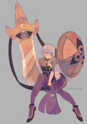 Rule 34 | 1girl, aegislash, ankle ribbon, black gloves, black ribbon, blush, brbr vrvr, breasts, cevio, closed mouth, commentary request, creatures (company), crossover, dated, dress, drop earrings, earrings, full body, game freak, gen 6 pokemon, gloves, gradient dress, grey background, grey hair, half gloves, half updo, high heels, highres, invisible chair, jewelry, leg ribbon, nintendo, pantyhose, pokemon, pokemon (creature), purple dress, purple eyes, purple pantyhose, purple ribbon, ribbon, see-through, see-through sleeves, shawl, shield, short dress, short hair with long locks, short sleeves, signature, single sidelock, sitting, small breasts, smile, solo, striped clothes, striped pantyhose, sword, vertical-striped clothes, vertical-striped pantyhose, voiceroid, waist ribbon, weapon, yuzuki yukari, yuzuki yukari (rei)