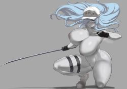 Rule 34 | 1girl, aster crowley, bare shoulders, belt, black gloves, blue eyes, blue hair, blush, boots, bouncing breasts, breasts, cleft of venus, closed mouth, collarbone, colored skin, fingerless gloves, flat cap, floating hair, gloves, gluteal fold, hair over one eye, hand up, hat, hataraku saibou, hataraku saibou black, highres, holding, holding sword, holding weapon, huge breasts, katana, light blue hair, lips, long hair, looking at viewer, navel, nude, open hand, pussy, serious, sidelocks, simple background, skindentation, solo, squatting, stomach, sword, thick thighs, thigh strap, thighs, u-1196, uncensored, weapon, white background, white blood cell (hataraku saibou), white footwear, white skin