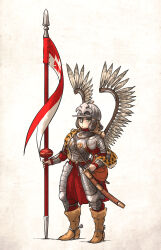 Rule 34 | 1girl, animal print, armor, banner, battle standard, boots, commentary, english commentary, flag, helmet, highres, holding, holding weapon, hussar, ironlily, lance, leopard print, military, military uniform, original, pants, polearm, saber (weapon), sheath, spear, spurs, sword, uniform, war flag, weapon, winged hussar