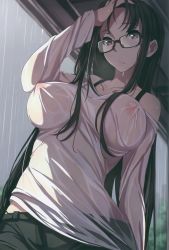 Rule 34 | 1girl, absurdres, adjusting hair, bare shoulders, black-framed eyewear, black hair, black pants, blush, breasts, breasts apart, brown hair, closed mouth, cloud, cloudy sky, collarbone, covered erect nipples, cowboy shot, glasses, hand in own hair, hand on forehead, hand on own head, highres, huge filesize, large breasts, long hair, long sleeves, looking at viewer, nagioka, no bra, off-shoulder shirt, off shoulder, original, pants, rain, see-through, shirt, sidelocks, sky, solo, very long hair, wet, wet clothes, wet shirt