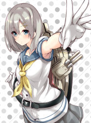 Rule 34 | 10s, 1girl, absurdres, armpit peek, bad id, bad pixiv id, belt, blue eyes, breasts, buttons, collarbone, eyes visible through hair, gloves, grey skirt, hair ornament, hair over one eye, hairclip, hamakaze (kancolle), highres, kantai collection, koinobori (ajc90839), large breasts, looking at viewer, machinery, neckerchief, outstretched arm, pleated skirt, polka dot, polka dot background, school uniform, serafuku, short hair, short sleeves, silver hair, skirt, solo, turret, uniform, white gloves, yellow neckerchief