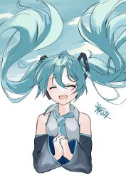Rule 34 | 1girl, absurdres, artist name, closed eyes, green hair, hatsune miku, highres, necktie, open mouth, smile, twintails, vocaloid, yukia 1128