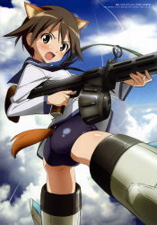 Rule 34 | 1girl, absurdres, animal ears, ass, blouse, blue neckerchief, blue one-piece swimsuit, blue sky, blush, brown eyes, brown hair, clothing cutout, contrail, copyright name, day, dog ears, dog tail, drum magazine, finger on trigger, from behind, from side, gun, heavy machine gun, highres, holding, holding gun, holding weapon, legs apart, looking at viewer, looking back, machine gun, magazine (weapon), miyafuji yoshika, neckerchief, no pants, official art, one-piece swimsuit, open mouth, outdoors, parted bangs, school swimsuit, school uniform, serafuku, shimada fumikane, shiny clothes, shiny skin, shirt, short hair, sky, solo, strike witches, striker unit, sweatdrop, swimsuit, swimsuit under clothes, tail, tail through clothes, type 99 cannon, v-shaped eyebrows, weapon, white shirt, world witches series