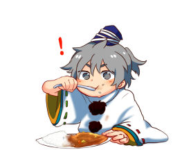 Rule 34 | !, 1girl, aged down, bad id, bad pixiv id, child, curry, curry rice, food, food on face, grey eyes, grey hair, hat, japanese clothes, mononobe no futo, ponytail, rice, rice on face, shikushiku (amamori weekly), solo, spoon, touhou, white background