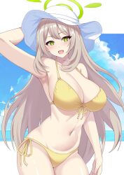 Rule 34 | 1girl, :d, arm behind head, arm up, armpits, bikini, blonde hair, blue archive, blush, breasts, contrapposto, cowboy shot, green eyes, halo, hat, highres, large breasts, long hair, looking at viewer, nanao (naoekaki25), navel, nonomi (blue archive), nonomi (swimsuit) (blue archive), official alternate costume, open mouth, presenting armpit, sideboob, smile, solo, stomach, sun hat, swimsuit, very long hair, white hat, yellow bikini