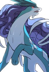 Rule 34 | buntatta, creatures (company), from below, game freak, gen 2 pokemon, highres, leg up, legendary pokemon, looking at viewer, nintendo, no humans, open mouth, pink eyes, pokemon, pokemon (creature), simple background, solo, suicune, toes, white background