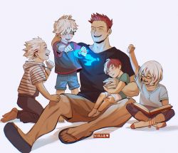 Rule 34 | 1girl, 4boys, absurdres, aged down, alternate universe, arm up, artist name, bandaid, bandaid on knee, bandaid on leg, barefoot, black shirt, blue eyes, blue fire, blue shirt, blue shorts, blush, boku no hero academia, book, brother and sister, brothers, brown shorts, buttons, capri pants, casual, child, clenched hands, closed eyes, commentary, drawstring, endeavor (boku no hero academia), english commentary, facial hair, family, father and daughter, father and son, fingernails, fire, flip-flops, glowing, green shirt, grey pants, happy, headpat, heart, highres, holding, holding book, hood, hood down, hoodie, indian style, kneeling, multicolored hair, multiple boys, no shoes, open book, outstretched arm, outstretched arms, paid reward available, pants, pointing, pointing at self, pom pom (clothes), pyrokinesis, red hair, red shirt, sandals, shadow, shirt, short hair, short sleeves, shorts, siblings, simple background, sitting, sitting on lap, sitting on person, sleeping, socks, spiked hair, standing, streaked hair, striped clothes, striped hoodie, stubble, symbol-only commentary, t-shirt, todoroki fuyumi, todoroki natsuo, todoroki shouto, todoroki touya, toenails, two-tone hair, v-neck, viria13, white background, white hair, white legwear, white shorts