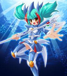 Rule 34 | 1girl, :d, aqua hair, armor, blue skirt, blue thighhighs, breasts, bunji, duel monster, elemental hero ocean, feet out of frame, genderswap, genderswap (mtf), holding, holding polearm, holding weapon, long hair, long sleeves, looking at viewer, open mouth, polearm, shoulder armor, skirt, small breasts, smile, solo, thighhighs, twintails, underwater, weapon, yellow eyes, yu-gi-oh!