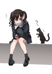 Rule 34 | 1girl, absurdres, animal, black cat, black footwear, black hair, black jacket, black skirt, black socks, cat, cellphone, closed mouth, crossed bangs, full body, green necktie, grey background, hair between eyes, hand up, highres, holding, holding phone, hood, hood down, hooded jacket, idolmaster, idolmaster cinderella girls, jacket, kakaobataa, knees together feet apart, loafers, long hair, long sleeves, looking at phone, looking down, mask, mask pull, miniskirt, mole, mole under eye, motion lines, mouth mask, necktie, notice lines, phone, pleated skirt, pulled by self, shoe soles, shoes, sitting, skirt, sleeves past wrists, smartphone, socks, solo, sunazuka akira, surgical mask, translated, twintails, two-tone background, white background, yellow eyes