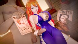 Rule 34 | 3d, alternate costume, animated, ayyteethreedee, breasts, brown eyes, cleavage, closed mouth, clothed female nude male, dress, dutch angle, groping, handjob, hetero, highres, indoors, large breasts, long hair, looking down, nami (one piece), nami (one piece) (post-timeskip), nami (one piece) (zou), naughty face, nude, official alternate costume, one piece, open mouth, orange hair, penis, purple dress, revealing clothes, short dress, sideboob, smug, sound, standing, testicles, tongue, tongue out, uncensored, video, wide hips