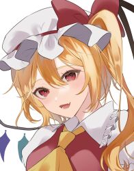 Rule 34 | 1girl, :d, ascot, blonde hair, bow, collared shirt, commentary request, fang, flandre scarlet, frilled shirt collar, frills, hair between eyes, hat, hat bow, highres, long hair, looking at viewer, mob cap, open mouth, red bow, red eyes, red vest, shirt, side ponytail, simple background, skin fang, smile, solo, touhou, upper body, uzmee, vest, white background, white hat, white shirt, wings, yellow ascot