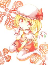 Rule 34 | 1girl, ascot, blonde hair, crystal wings, dress, flandre scarlet, from above, full body, hat, looking at viewer, mob cap, omizu chihiro, red dress, red eyes, side ponytail, simple background, sitting, socks, solo, touhou, wariza, white background, yellow ascot
