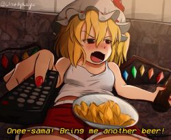 1girl alternate_costume artist_name beer_bottle blonde_hair blush bottle breasts chips_(food) cloudykeyz commentary controller couch english_commentary english_text fang flandre_scarlet food hair_between_eyes hat highres holding holding_bottle holding_remote_control indoors man_watching_tv_(meme) medium_hair meme mob_cap multicolored_wings nail_polish nose_blush on_couch one_side_up open_mouth potato_chips red_eyes red_nails red_ribbon red_shorts remote_control ribbon ribbon-trimmed_headwear ribbon_trim shorts shouting sitting skin_fang small_breasts solo touhou twitter_username white_hat wings