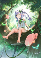 Rule 34 | 1girl, absurdres, barefoot, branch, bug, butterfly, dress, feet, forest, genshin impact, green eyes, highres, in tree, insect, legs, long hair, minoominoomi, mushroom, nahida (genshin impact), nature, outdoors, short dress, short shorts, shorts, shorts under dress, side ponytail, sitting, sitting on branch, sleeveless, sleeveless dress, smile, soles, solo, thighs, toes, tree, white dress, white hair, white shorts