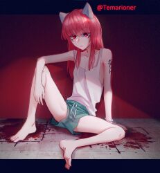 Rule 34 | 1girl, absurdres, animal ears, arm tattoo, bare shoulders, barefoot, blood, cat ears, closed mouth, collarbone, commission, commissioner name, flat chest, full body, highres, knee up, looking at viewer, original, popopoka, red background, red eyes, red shirt, shirt, short shorts, shorts, solo, spread legs, tank top, tattoo, white shirt