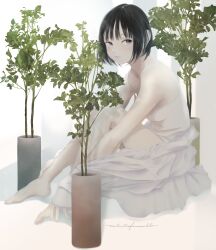 Rule 34 | 1girl, absurdres, bare arms, bare legs, barefoot, black hair, bob cut, breasts, closed mouth, feet, full body, grey eyes, highres, junito715, looking at viewer, mole, mole under eye, original, plant, potted plant, short hair, signature, sitting, small breasts, solo, white background