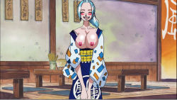 Rule 34 | 1girl, blue hair, breasts, nefertari vivi, nude filter, one piece, ponytail, third-party edit