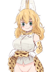 Rule 34 | 10s, 1girl, animal ears, bare shoulders, batta (ijigen debris), blonde hair, blush, bow, bowtie, breasts, clothes lift, commentary request, cosplay, elbow gloves, gloves, green eyes, groin, hair between eyes, kemono friends, large breasts, lifting own clothes, long hair, looking at viewer, navel, no panties, original, out-of-frame censoring, print bow, print bowtie, print gloves, print neckwear, print skirt, serval (kemono friends), serval (kemono friends) (cosplay), serval print, shirt, simple background, skirt, skirt lift, sleeveless, sleeveless shirt, smile, solo, wavy hair, wavy mouth, white background, white shirt
