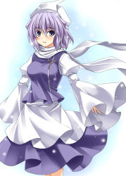 Rule 34 | 1girl, apron, blush, hat, highres, juliet sleeves, letty whiterock, long sleeves, looking at viewer, open mouth, puffy sleeves, purple eyes, purple hair, rappa (rappaya), scarf, shirt, skirt, skirt set, smile, solo, touhou, triangular headpiece, vest, waist apron, wide sleeves