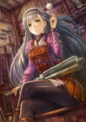 Rule 34 | 1girl, apron, axe, bad id, bad pixiv id, boots, docoi, dutch angle, earrings, green eyes, hair ornament, hairband, jewelry, crossed legs, lips, long hair, mace, md5 mismatch, original, pantyhose, sandisk, shop, silver hair, sitting, solo, sword, sword of hisou, weapon