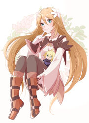 Rule 34 | 1girl, blue eyes, blush, boots, brown hair, detached sleeves, flower, gloves, hair flower, hair ornament, highres, long hair, marta lualdi, smile, solo, stuffed toy, tales of (series), tales of symphonia, tales of symphonia: dawn of the new world, thighhighs, very long hair, yutohiroya