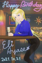 Rule 34 | 1girl, absurdres, alternate hairstyle, artist name, artist request, ayase eli, black pants, blonde hair, blue eyes, blue sweater, blush, breasts, cup, drinking glass, earrings, elbow on table, female focus, hair between eyes, hand on own cheek, hand on own face, highres, holding, holding drinking glass, indoors, jewelry, long hair, long sleeves, looking at viewer, love live!, love live! school idol project, medium breasts, necklace, pants, parted lips, restaurant, smile, solo, sparkle, sweater, table