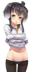 Rule 34 | 10s, 1girl, anidante, black hair, black pantyhose, blush, brown eyes, clothes lift, collarbone, cowboy shot, groin, hairband, head tilt, kantai collection, looking at viewer, mouth hold, navel, panties, pantyhose, ribbon, sailor collar, shirt, shirt lift, short hair with long locks, simple background, skindentation, solo, tokitsukaze (kancolle), two side up, underwear, undressing, white background, white hair, white panties, white shirt, yellow ribbon