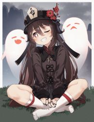 Rule 34 | 1girl, :d, = =, absurdres, black hat, black nails, black shorts, brown hair, brown jacket, closed eyes, commentary request, fang, flower, flower-shaped pupils, genshin impact, ghost, grin, hair between eyes, hat, hat flower, head tilt, highres, hu tao (genshin impact), jacket, jewelry, long hair, long sleeves, looking at viewer, nail polish, no shoes, on grass, one eye closed, open mouth, red eyes, red flower, red shirt, ring, shirt, short shorts, shorts, sitting, sleeves past wrists, smile, socks, solo, symbol-shaped pupils, twintails, very long hair, white socks, yukie (kusaka shi)