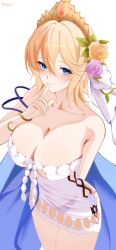 1girl absurdres bare_shoulders blonde_hair blue_cape blue_eyes blue_ribbon breasts cape cleavage collarbone dress europa_(granblue_fantasy) finger_to_mouth flower granblue_fantasy hair_between_eyes hair_flower hair_ornament highres large_breasts miraclemeteor orange_flower plant_on_head purple_flower purple_rose ribbon rose short_hair shushing smile solo strapless strapless_dress tiara white_dress