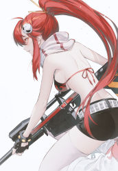 Rule 34 | 1girl, ahoge, anti-materiel rifle, ass, back, bare arms, bare shoulders, belt, bikini, bikini top only, black bikini, black gloves, black shorts, boots, breasts, flame print, from side, gloves, gun, hair ornament, halterneck, holding, holding gun, holding weapon, long hair, looking away, medium breasts, on one knee, orange eyes, parted lips, pink thighhighs, ponytail, print bikini, profile, red hair, rifle, scarf, scope, short shorts, shorts, sidelocks, simple background, skull hair ornament, sniper rifle, solo, striped clothes, striped scarf, studded belt, swimsuit, tengen toppa gurren lagann, thighhighs, thighs, very long hair, wanke, weapon, white background, white thighhighs, yoko littner