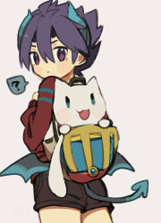 Rule 34 | 1boy, ?, backpack, bad id, bad pixiv id, bag, blue hair, blush, demon boy, demon tail, demon wings, from behind, great kichi, horns, looking at viewer, looking back, male focus, mini wings, pointy ears, pop-up story, purple eyes, short shorts, shorts, solo, tail, white background, wings, ziz glover