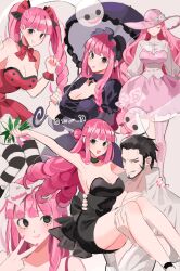 Rule 34 | 1boy, 1girl, :d, alternate costume, bare shoulders, beard, black hair, black umbrella, bow, breasts, carrying, cleavage, devil fruit, dracule mihawk, facial hair, ghost, grin, hair bow, holding, horo horo no mi, joman, large breasts, long hair, multiple views, nail polish, one piece, open mouth, perona, pink hair, pink headwear, pink nails, princess carry, red bow, smile, teeth, tongue, tongue out, twintails, umbrella, very long hair