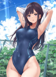 Rule 34 | 1girl, armpits, arms up, backless swimsuit, black hair, blue sky, blue one-piece swimsuit, blush, breasts, chain-link fence, cloud, commentary request, competition swimsuit, covered navel, cowboy shot, day, fence, from below, groin, highleg, highleg swimsuit, highres, large breasts, long hair, looking at viewer, looking down, one-piece swimsuit, original, outdoors, parted lips, pink eyes, sky, solo, striped, sunlight, swimsuit, v-shaped eyebrows, vertical stripes, wing (aiastor)