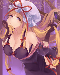 Rule 34 | 1girl, absurdres, bare shoulders, bare tree, black gloves, blonde hair, blush, bow, bra, breasts, bug, butterfly, cleavage, cowboy shot, dress, dress slip, elbow gloves, frilled dress, frills, gloves, gradient eyes, hair between eyes, hair bow, hat, hat ribbon, haya taro pochi, highres, hip focus, holding, holding own hair, insect, large breasts, leaning forward, long hair, looking at viewer, mob cap, multicolored eyes, no panties, patterned background, purple background, purple bra, purple butterfly, purple dress, purple eyes, red bow, red ribbon, ribbon, side slit, solo, touhou, tree, triangle mouth, underwear, very long hair, white hat, yakumo yukari, yellow eyes