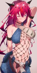 Rule 34 | 1girl, absurdres, arm behind head, armband, armpits, blue eyes, blush, breasts, criss-cross halter, fishnets, getto, halterneck, heterochromia, highres, hololive, hololive english, horns, irys (hololive), large breasts, long hair, monster hunter (series), nargacuga (armor), navel, pointy ears, red eyes, red hair, revealing clothes, simple background, solo, virtual youtuber