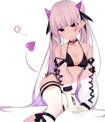 Rule 34 | 1girl, arm support, asymmetrical sleeves, bare shoulders, bikini, black bikini, breasts, choker, cleavage, detached sleeves, drawn horns, drawn tail, gradient hair, halterneck, heart, ichiki 1, leaning to the side, leg ribbon, long hair, long sleeves, looking at viewer, medium breasts, multicolored hair, original, own hands together, parted lips, purple eyes, purple hair, ribbon, shade, side-tie bikini bottom, silver hair, simple background, sitting, solo, swimsuit, thigh strap, twintails, uneven sleeves, very long hair, white background