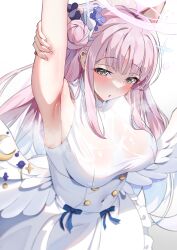 Rule 34 | 1girl, absurdres, angel wings, armpits, arms up, bare shoulders, blue archive, blush, breasts, covered erect nipples, covered navel, dress, dutch angle, enoha, feathered wings, flower, hair bun, hair flower, hair ornament, halo, highres, large breasts, long hair, low wings, mika (blue archive), open mouth, pink hair, shiny skin, simple background, single side bun, sleeveless, sleeveless dress, solo, tight clothes, white background, white dress, wings, yellow eyes