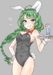 Rule 34 | 10s, 1girl, :p, absurdres, ahoge, animal ears, ass, bare shoulders, blue eyes, blush, bow, bowtie, braid, breasts, cup, drink, drinking glass, drinking straw, fake animal ears, glass, green hair, grey background, hand on own hip, heart, highres, hoshimiya nazuna, ice, ice cube, kantai collection, leotard, long hair, looking at viewer, medium breasts, playboy bunny, rabbit ears, rabbit tail, red ribbon, ribbon, single braid, smile, solo, tail, thigh gap, thighs, tongue, tongue out, tray, wrist cuffs, yuugumo (kancolle)