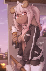 Rule 34 | 1girl, :3, absurdres, animal ears, animal nose, areola slip, artist name, balcony, bandaid, bandaid on breast, black-framed eyewear, black jacket, black shorts, blurry, body fur, bokeh, breasts, brown horns, closed mouth, cloud, cowboy shot, curled horns, dark-skinned female, dark skin, dated, depth of field, dolphin shorts, eating, female focus, food, food on face, furry, furry female, glasses, gradient sky, hand up, happy, heart, highres, holding, holding food, hood, hood down, hooded jacket, horns, ice cream, ice cream cone, jacket, licking lips, long hair, long sleeves, looking to the side, medium breasts, neck fur, no shirt, open clothes, open jacket, original, outdoors, pink fur, pink hair, pocket, ponytail, purple sky, red eyes, rimless eyewear, round eyewear, sheep ears, sheep girl, sheep horns, sheep tail, short shorts, shorts, sidelocks, signature, sky, smile, soft serve, solo, standing, sunset, swept bangs, tail, tongue, tongue out, wafer, wafer stick, waffle cone, white fur, window, zinfyu