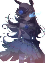 Rule 34 | 1girl, animal ears, bare shoulders, blue flower, blue rose, brown hair, commentary, cowboy shot, dagger, dress, flaming eye, flower, glowing, glowing eye, hair over one eye, hat, hat flower, highres, horse ears, horse girl, horse tail, knife, long hair, long sleeves, off-shoulder dress, off shoulder, rice shower (umamusume), rose, sabamen, scabbard, sheath, simple background, solo, strapless, strapless dress, tail, thighhighs, tilted headwear, umamusume, weapon, white background