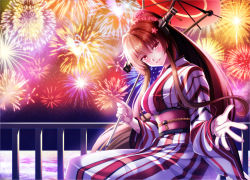 Rule 34 | 10s, 1girl, alternate costume, brown eyes, brown hair, cherry blossoms, commentary request, fireworks, headgear, holding, holding umbrella, japanese clothes, jewelry, kantai collection, kimono, long hair, looking at viewer, night, night sky, obi, oil-paper umbrella, outdoors, ponytail, ring, sash, sitting, sky, umbrella, wedding band, yamato (kancolle), yuuzuki hijiri