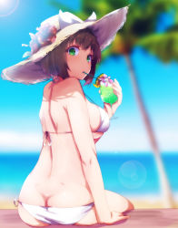 Rule 34 | 10s, 1girl, back, bare shoulders, beach, bikini, blurry, blurry background, breasts, brown hair, butt crack, cup, day, drink, drinking glass, flower, from behind, green eyes, hat, hat flower, highres, holding, holding cup, holding drinking glass, idolmaster, idolmaster cinderella girls, large breasts, lens flare, looking at viewer, looking back, maekawa miku, outdoors, palm tree, ryuu., short hair, sitting, sky, solo, sun, sun hat, sunlight, swimsuit, tree, water, white bikini
