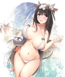 Rule 34 | 1girl, animal ears, areola slip, azur lane, bikini, black hair, breasts, bucket, commentary request, cow ears, dermar, flower, hair flower, hair ornament, hair ribbon, highres, holding, holding bucket, horns, kashino (azur lane), kashino (hot springs relaxation) (azur lane), large breasts, long hair, looking at viewer, navel, open mouth, purple eyes, revision, ribbon, smile, soap, solo, standing, swimsuit, teeth, upper teeth only, white bikini, white ribbon