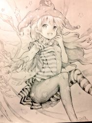 Rule 34 | 1girl, abusoru, american flag dress, american flag legwear, breasts, clownpiece, dress, fairy wings, fire, graphite (medium), hat, highres, jester cap, long hair, looking at viewer, monochrome, neck ruff, open mouth, pantyhose, photo (medium), pointy ears, polka dot, short dress, short sleeves, small breasts, smile, solo, star (symbol), star print, striped clothes, striped pantyhose, torch, touhou, traditional media, wings