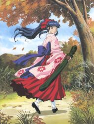 Rule 34 | 1girl, artist request, autumn leaves, black footwear, black hair, bow, brown eyes, brown gloves, clothes, cloud, day, dress, fingerless gloves, floating hair, floral print, full body, gloves, grass, hair bow, hakama, high heels, highres, holding, japanese clothes, katana, kimono, leaf, long hair, looking at viewer, looking back, mountain, nature, official art, ornament, outdoors, pink kimono, ponytail, pumps, red bow, red hakama, ribbon, sakura taisen, shinguuji sakura, shoes, skirt, sky, smile, solo, sword, tree, walking, weapon