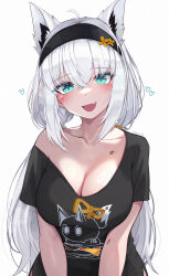 Rule 34 | 1girl, absurdres, ahoge, animal ear fluff, animal ears, aqua eyes, bare shoulders, black hairband, black shirt, blush, braid, breasts, cleavage, collarbone, commentary, fang, fox ears, fox girl, hair between eyes, hairband, highres, hololive, kkato, long hair, looking at viewer, open mouth, shirakami fubuki, shirakami fubuki (loungewear), shirt, skin fang, smile, solo, twin braids, upper body, virtual youtuber, white background, white hair