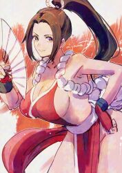 Rule 34 | 1girl, armpits, artist name, breasts, brown eyes, brown hair, cleavage, fatal fury, hand fan, high ponytail, highres, holding, holding fan, large breasts, looking at viewer, miyama (lacrima01), ninja, revealing clothes, shiranui mai, smile, solo, the king of fighters