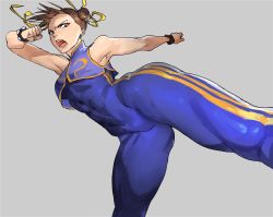 Rule 34 | 1girl, action, bracelet, breasts, brown eyes, brown hair, capcom, chun-li, commentary, double bun, english commentary, hair bun, hair ribbon, hanny (uirusu chan), highres, jewelry, official alternate costume, open mouth, ribbon, short hair, simple background, sleeveless, solo, street fighter, studded bracelet, unitard, vest, yellow ribbon
