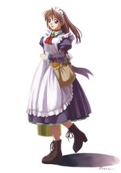 Rule 34 | 1girl, apron, ascot, bag, boots, brown hair, carrying, floating hair, full body, groceries, long hair, looking at viewer, maid, maid apron, maid headdress, murakami suigun, original, puffy sleeves, ribbon, shadow, signature, simple background, smile, solo, walking