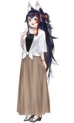 Rule 34 | 1girl, animal ear fluff, animal ears, bell, black hair, black shirt, blush, breasts, brown skirt, choker, fang, hair bell, hair between eyes, hair ornament, hand on own chest, highres, hololive, long hair, long skirt, looking at viewer, medium breasts, ookami mio, open mouth, red hair, shirt, short sleeves, sidelocks, simple background, skin fang, skirt, solo, virtual youtuber, white background, white shirt, wolf ears, wolf girl, yamabuki7979, yellow eyes
